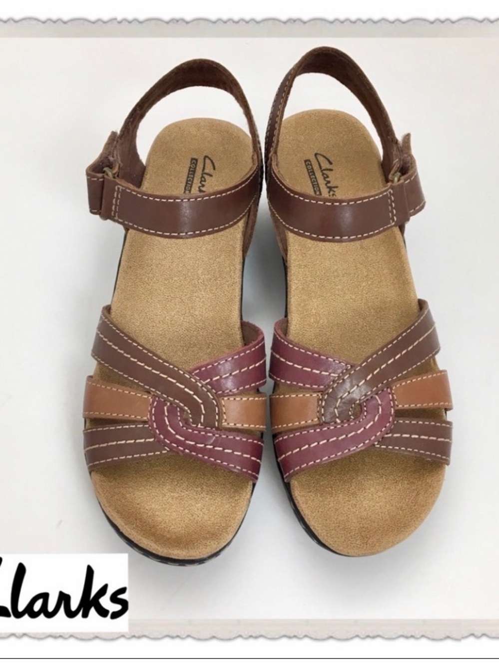 NWOT Clarks Ankle Strap Brown and Burgundy Sandals
Size 7.5 M